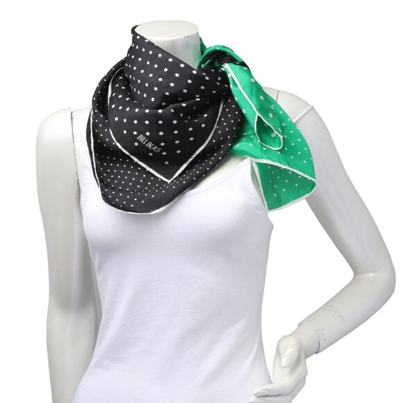 Vintage BILL BLASS Silk Polka Dot Scarf Black Green White Designer Tie Square - Picture 5 of 7